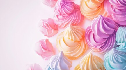 Pastel-colored meringue cookies arranged on a white background.