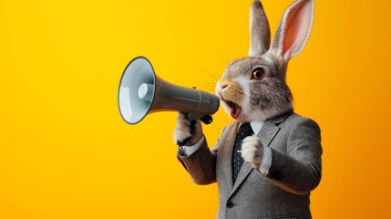 Business-ready Easter bunny in a blazer speaking passionately into a megaphone against a vibrant yellow background