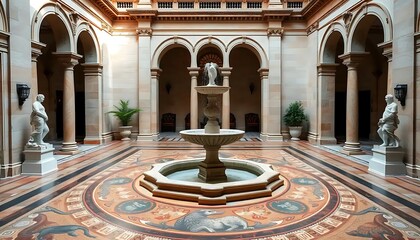Obraz premium Elegant Courtyard With Fountain Statues And Intricate Flooring