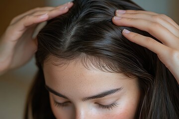 Naklejka premium Worried Asian Woman Examining Hair Loss in Mirror with Delicate Touch and Care for Damaged Hair