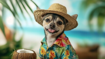 Playful dog dressed in colorful Hawaiian shirt enjoying a tropical beach setting with a coconut drink