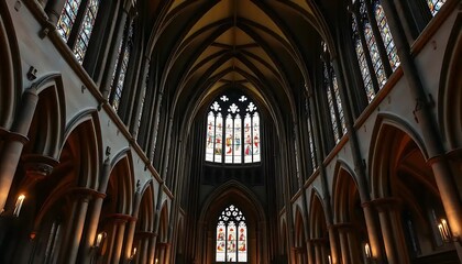 Obraz premium Gothic Cathedral Interior With Stained Glass Windows