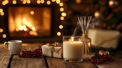 Aromatic candle in a glass and a reed diffuser mikado elegantly displayed on a rustic wooden table in a cozy warmly lit dining room The setting is decorated with festi