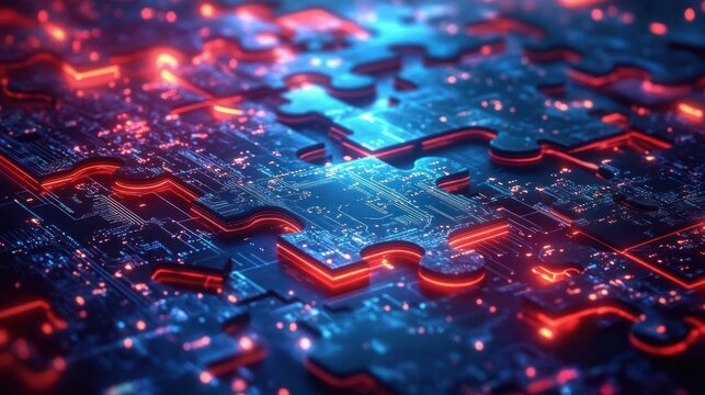 Microservices Integration Puzzle Pieces with Neon Circuit Patterns in Cyberpunk Style
