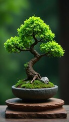 Miniature tree bonsai on stone pedestal with moss and small rocks, rock, foliage, bonsai