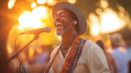 A lively male performer in sunglasses passionately sings into a microphone at an outdoor concert during sunset, radiating joy, energy, and captivating artistic charm in a radiant setting.