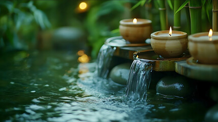 An elegant and soothing background for your YouTube video featuring bamboo elements with water flowing from wooden cups into a pool of stones candles on a green backgr