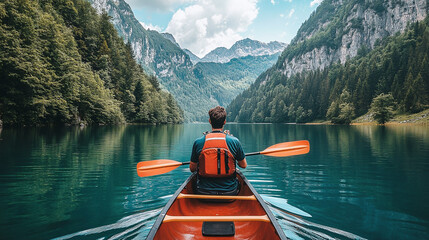 A man in a canoe paddling across a picturesque lake surrounded by mountains, capturing the essence of outdoor adventure, travel, and tranquil natural beauty.