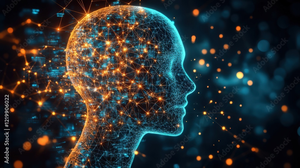 Poster abstract digital human head with glowing network connections and data streams