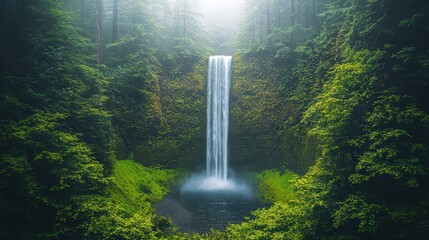 Waterfall cascades into dark pool surrounded by trees.