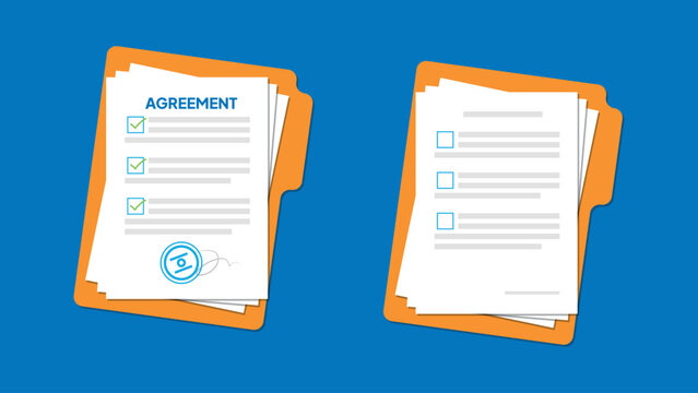 Agrrement papers. Document. Folder with stamp and text. Stack of contract document with signature and approval stamp. Flat design vector illustration. Can used for element presentation, etc
