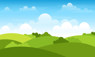 Obraz premium cartoon landscape of green hills and white clouds on a blue sky background.for nature concept poster.vector illustration