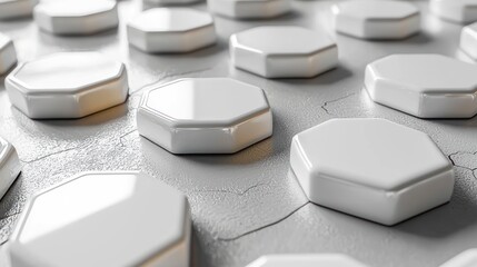 White, hexagonal tiles on cracked surface.