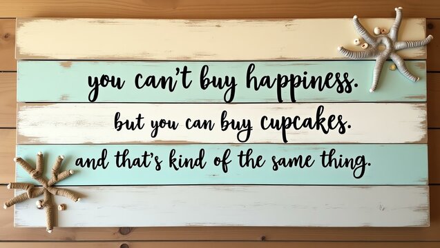 you can�t buy happiness, but you can buy cupcakes, and that�s kind of the same thing is displayed in black minimalist lettering across separate distressed wood planks in beach-inspired tones