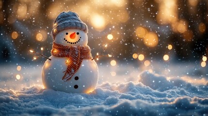 Cheerful Snowman in Snowy Landscape with Bokeh Lights and Golden Hour Glow for Winter Holiday Celebration