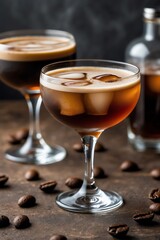 Two elegant cocktails with ice and coffee beans on a rustic surface.