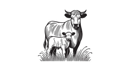 Cow and calf line art illustration