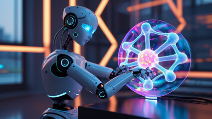 Futuristic Robot Interacting With a Colorful Molecular Science Display in a High-Tech Lab