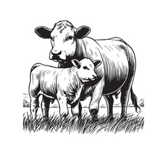 Vector cow and calf lineart illustration