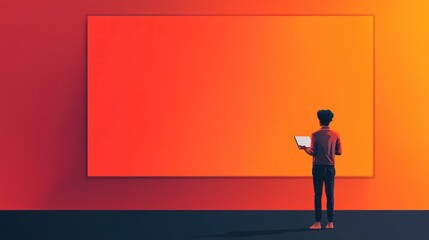 Obraz premium Person views large orange screen, holding tablet.