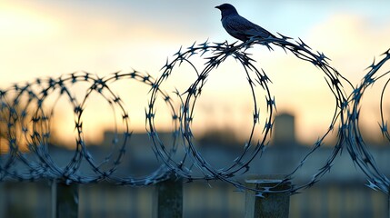 Bird on barbed wire fence, prison sunset