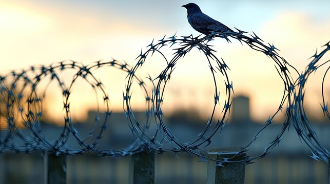 Bird on barbed wire fence, prison sunset
