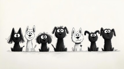 Obraz premium Playful Cartoon Dogs Minimalist Drawing Black and White Line Art