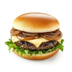 A savory mushroom and Swiss cheese burger with caramelized onions and aioli, isolated white background, realistic art style
