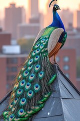 Obraz premium Peacock perched atop city building, sunset.