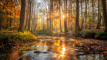 Autumn Serenity: A Tranquil Forest with Grazing Deer and a Meandering Brook Reflecting Warm Fall Colors