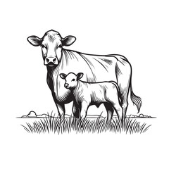 Cow and calf line art illustration