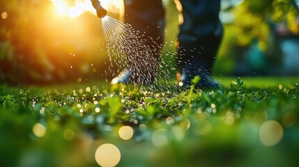 Gardener Spraying Water on Lush Green Grass in Golden Hour Light for Lawn Care and Maintenance