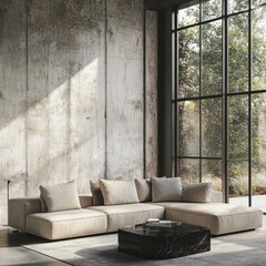 Modern sectional sofa in minimalist living room with concrete wall and large window.