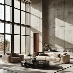 Sunlit modern living room with beige sofa, large windows, and concrete wall.