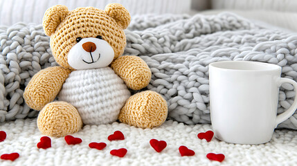 The adorable teddy bear, wearing a festive Christmas hat and scarf, enjoys a warm cup of tea near a snowy winter wonderland with a snowman and a decorated Christmas tree