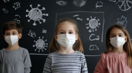 Diverse kids wearing surgical masks standing in front of chalkboard