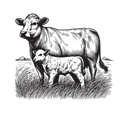 Cow and calf line art illustration