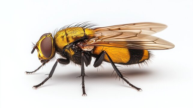 Yellow and black hoverfly isolated on white background.