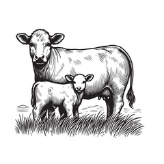 Cow and calf line art illustration