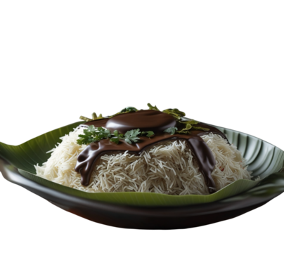 close-up photo of rice with side dishes topped with chocolate on a white background