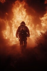 Fototapeta premium A brave firefighter sprays water to extinguish a large fire, wearing protective gear created by ai