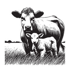 Cow and calf line art illustration