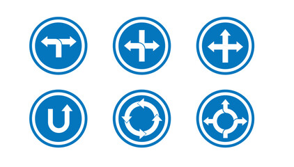 Set of turn arrow icons, T turn, + turn, u turn, circle turn. Road signs. Flat style vector illustration.