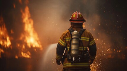 Fototapeta premium A brave firefighter sprays water to extinguish a large fire, wearing protective gear created by ai