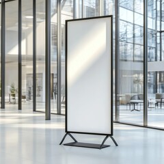 Blank vertical floor standing signage in modern lobby.