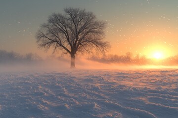 Snowy field, lone tree, sunset, blowing snow.