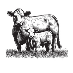 Cow and calf line art illustration