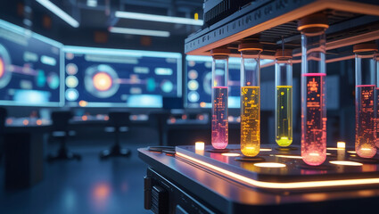 Scientifically Illuminated Laboratory with Test Tubes and Digital Analysis