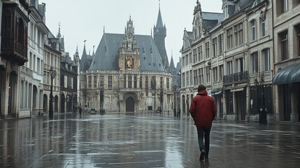 Fototapeta premium Solitary Stroll in a Medieval City on a Rainy Day