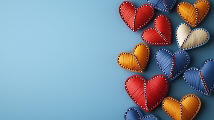 Naklejka premium Colorful fabric hearts arranged on a blue background, symbolizing love and affection., Valentine day concept